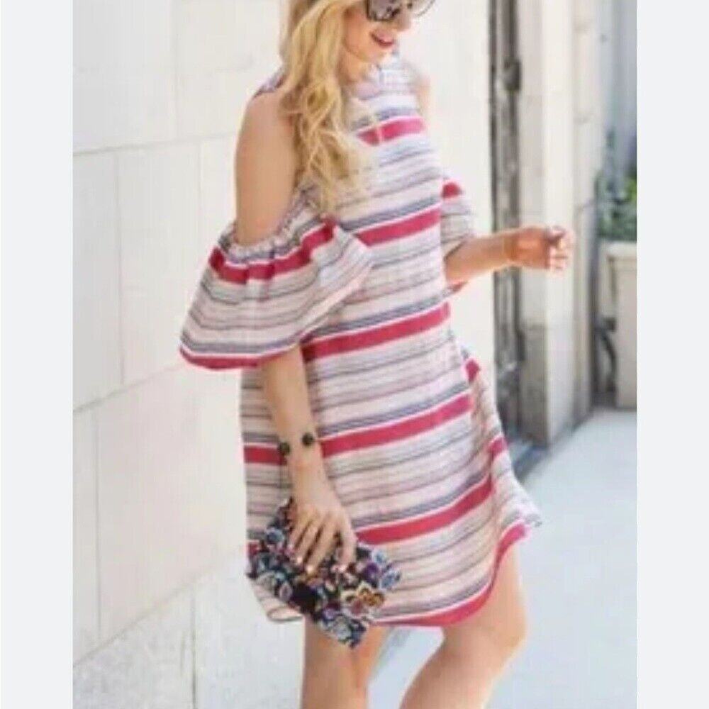 Tanya Taylor Size 6 Dress Mini Striped Off the Shoulder Sleeves Pockets